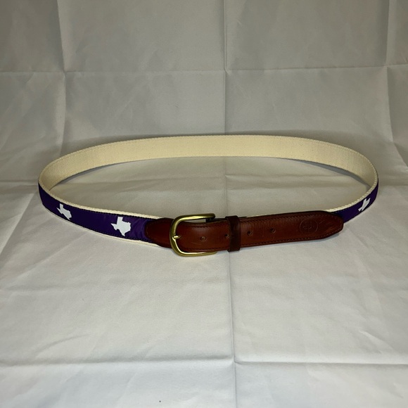 TX Fort Worth Gameday Leather Belt Purple with White Canvas State Traditions 46” - Picture 3 of 7